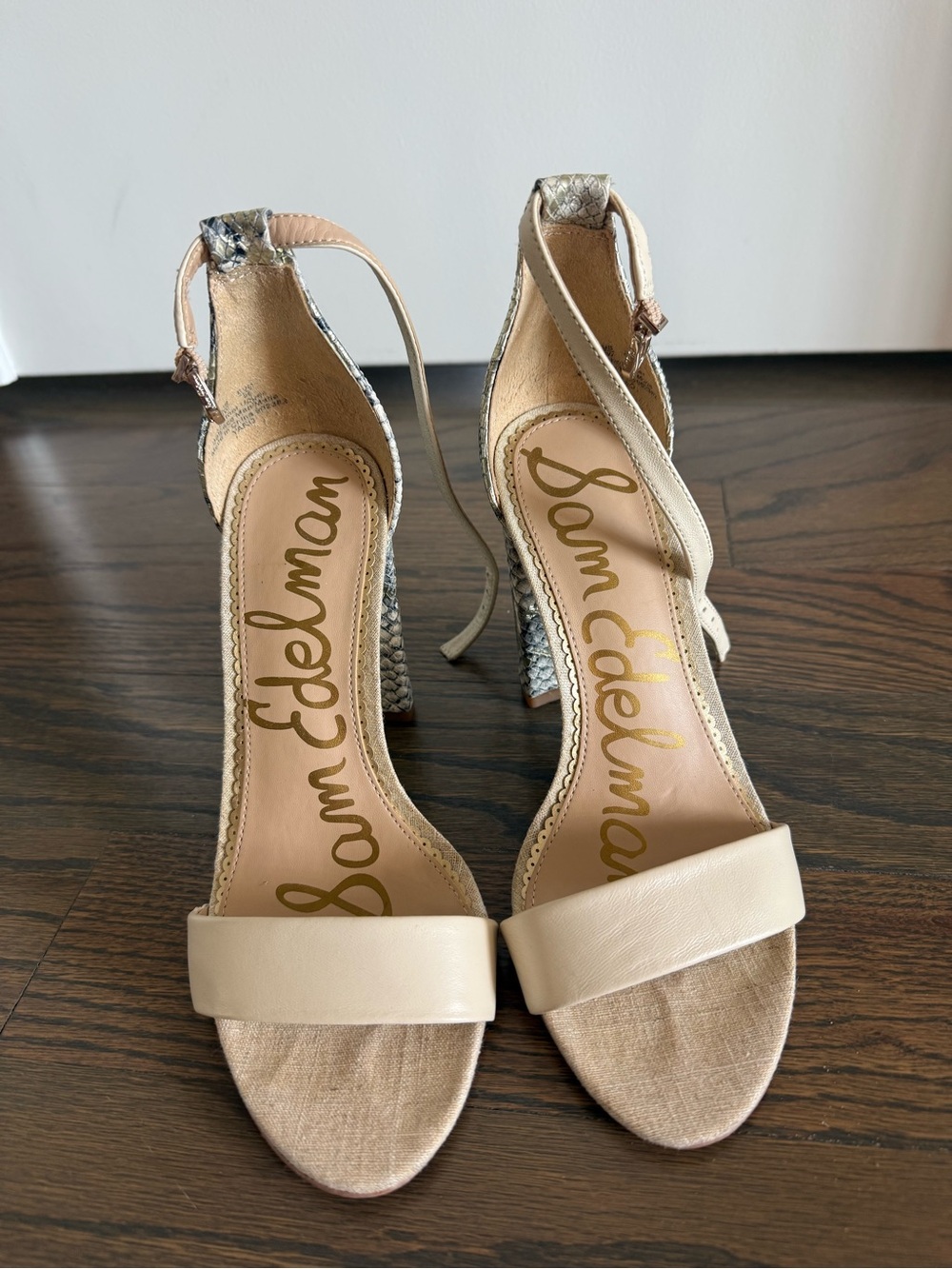 Sam Edelman Yaro Snake-Print Open-Toe Ankle Strap Heels